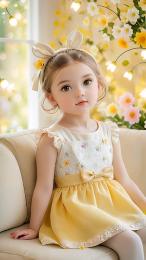 Night style, Side view shot, Flowers bloom, A beautiful adorable girl, With a small bow tied on her head, beautiful eyes, and a cute little girl sitting on the soft sofa, she wearing light yellow and white dress .lovely portrait photography, realistic high quality portrait image,flowers bloom bokeh background, depth of field.