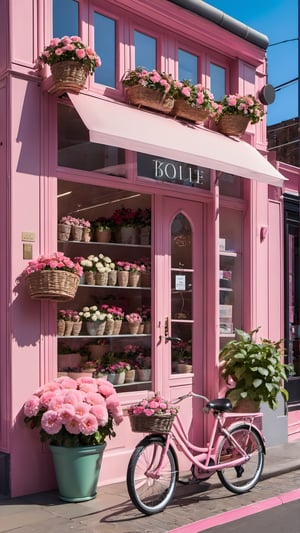 flower, outdoors, day, no humans, plant, ground vehicle, scenery, pink flower, door, potted plant, bicycle, shop, flower pot, storefront