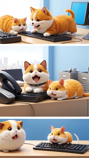 Office Pet Peeves: A triptych showing a cat, a dog, and a hamster each working in an office. The first panel has the cat lazily sprawled on the keyboard, the second panel shows the dog enthusiastically barking at the phone, and the third panel features the hamster running on a tiny wheel instead of doing any work. Affix "VS" digital watermark., 3d render, photo, illustration, typography