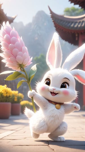 Pixar animated movie style, during the marathon, a cute long-eared white rabbit hands the stick to the cute Chinese dragon baby in the relay, letting it continue running, Chinese Year of the Dragon style, cute and happy picture, flowers blooming, light Depth of field as background,Xxmix_Catecat