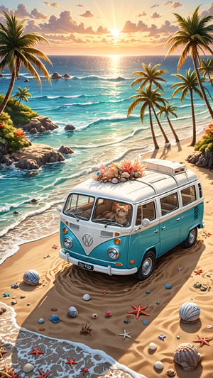 ((ultra realistic photo)) a cute little British shorthaired Kitty playing with a little ball of yarn ON A PLAID, IN FRONT OF THE CLASSIC VW CAMPER VAN, LOVELY WELL-ARRANGED CAMPING ENVIROMENT (art, DETAILED textures, pure perfection, hIgh definition), detailed beach around , tiny delicate sea-shell, little delicate starfish, sea ,(very detailed TROPICAL hawaiian BAY BACKGROUND, SEA SHORE, PALM TREES, DETAILED LANDSCAPE, COLORFUL) (GOLDEN HOUR LIGHTING), delicate coral, sand piles,LegendDarkFantasy