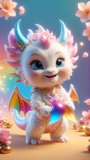 Cartoon character design, a rainbow-colored super cute chibi drago baby with a fluffy tail, wearing silver white New Year's dress, colorful bright big eyes, learning to walk, cute stance, two cute golden dragon horns on the head and two peach blossoms, enchanting, fluffy, shiny mane, petals, fairyism, pixar style, smile happily, anthropomorphic, Key Visual, Beautiful Back Lighting, Bright Pastel Colors, Soft and clean white pink background, trending on artstation, illusory engine 5 and octane render, high definition aesthetic pictures, 4k , hd 