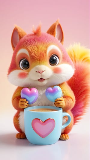 Pixar anime movie scene style , 3d render, A charming of a small rainbow-colored squirrel from India, known as the Indian little fuzzy Rainbow Squirrel Baby, with an empty coffee cup and a heart in delicate porcelain tea cup. Its soft fur and large curious eyes embody the innocence and wonder of this creature,3f render, high quality, cute and adorable  