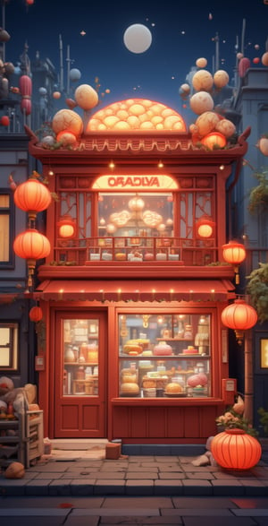 https://s.mj.run/2UNKyodd7hI A cute mooncake shop, pastel color scheme, 3D rendering, in the style of Pixar, cute characters and objects, exquisite details, cute elements, night scene with street lights, warm colors, high resolution, full of vitality. A large window is decorated in the shape of an orange space pattern on top, surrounded by oversized cookies, various types of colorful Mid-Autumn Festival cakes inside, street view of a small town, high definition, high detail, bright light source, warm tones 