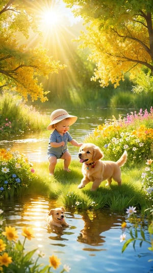 create a picture of a baby boy playing in beautiful fields with many flowers and wonderful trees playing with his golden retriever puppy in the warm light from the sun next to a tiny lake
A heartwarming scene of a baby boy in a cute sun hat, playing happily with his golden retriever puppy in a picturesque field. The field is filled with vibrant, colorful flowers and tall, lush trees that create a canopy of dappled sunlight. The baby and puppy are splashing in the shallow water of a tiny lake, surrounded by beautiful wildflowers. The warm sunlight casts a golden glow on the scene, capturing the innocence and joy of childhood.