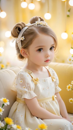 Night style, Side view shot, Flowers bloom, A beautiful adorable girl, With a small bow tied on her head, beautiful eyes, and a cute little girl sitting on the soft sofa, she wearing light yellow and white dress .lovely portrait photography, realistic high quality portrait image,flowers bloom bokeh background, depth of field.