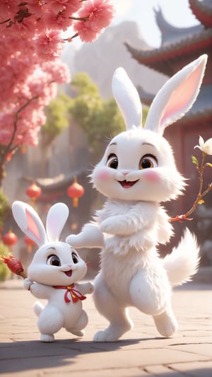 Pixar animated movie style, during the marathon, a cute long-eared white rabbit hands the stick to the cute Chinese dragon baby in the relay, letting it continue running, Chinese Year of the Dragon style, cute and happy picture, flowers blooming, light Depth of field as background,Xxmix_Catecat