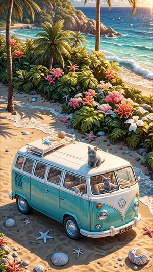 ((ultra realistic photo)) a cute little British shorthaired Kitty playing with a little ball of yarn ON A PLAID, IN FRONT OF THE CLASSIC VW CAMPER VAN, LOVELY WELL-ARRANGED CAMPING ENVIROMENT (art, DETAILED textures, pure perfection, hIgh definition), detailed beach around , tiny delicate sea-shell, little delicate starfish, sea ,(very detailed TROPICAL hawaiian BAY BACKGROUND, SEA SHORE, PALM TREES, DETAILED LANDSCAPE, COLORFUL) (GOLDEN HOUR LIGHTING), delicate coral, sand piles,LegendDarkFantasy