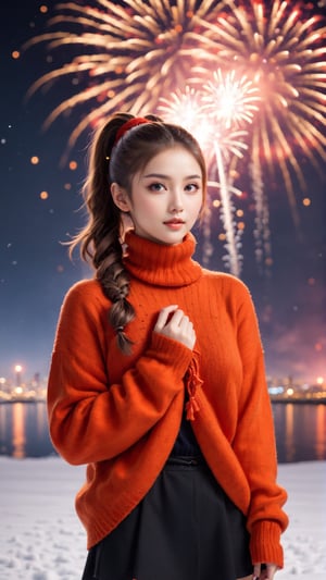 Orange tone, bright tone,photo photography,Realistic photo: 2, high ponytail, realistic photo, a beautiful  girl, wearing a thick sweater in winter, wearing a red scarf, tying up a high ponytail, tying up her hair, wishing on the gorgeous fireworks, holding hands, praying, beautiful picture, the background is gorgeous fireworks, photo photography,