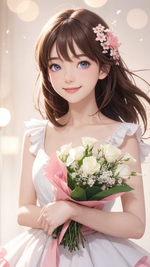 Pixar anime movie scene style, Flowers bloom, a beautiful and charming eyes girl wearing light pink and white ruffled dress, holding flowers bouquet, smile, realistic high quality portrait photography, animation, perfect face, light brown hair, full body style, soft-edged, lamps lighting soft, flowers bloom bokeh background, fantastic and dreamy. Depth of field.