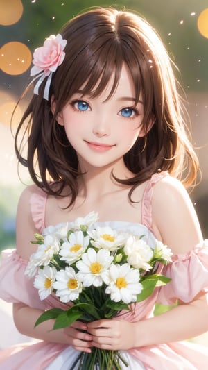 Pixar anime movie scene style, Flowers bloom, a beautiful and charming eyes girl wearing light pink and white ruffled dress, holding flowers bouquet, smile, realistic high quality portrait photography, animation, perfect face, light brown hair, full body style, soft-edged, lamps lighting soft, flowers bloom bokeh background, fantastic and dreamy. Depth of field.