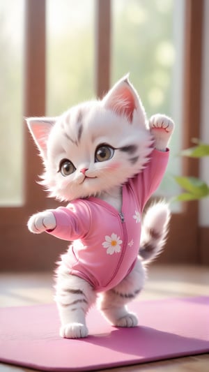 Flowers blooming, an adorable kitten wearing pink yoga suits in yoga pose,doing a yoga on yoga mat,photo real,classic composition,masterpiece,exquisite,color correction,amazing visual effects,crazy details,Hold your hands on the ground and do a handstand,intricate details,sharp focus,HD,8