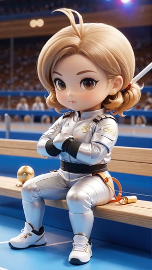 Masterpiece, 4K, ultra detailed, Chibi Art Style, beautiful female fencing athlete resting on side bench, Olympic competition, SFW, depth of field,