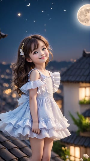 https://s.mj.run/ScKtPHY5ybo Side view shot, full body, Night style, moon, a cute little girl clear details and charming eyes lying on the roof looking forward city lighting, smiling happily and enjoy the best moment, ruffles dress, depth of field, flowers blooming fantastic romantic bokeh background,portraitart,xxmix_girl,Anime 