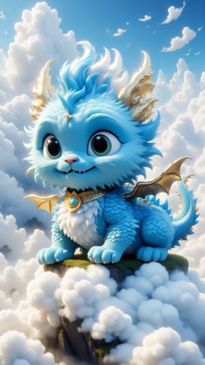 Pixar anime movie scene style, the cute fluffy little fuzzy blue dragon is sitting in clouds, in the style of mischievous feline motif, 8k 3d, unique yokai illustrations, white and gold, chromatic joy, furry art, fantastic grotesque
