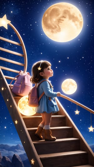 una niña de perfil subiendo una escalera de madera con una mochila llena de estrellas brillando, intenta atrapar la luna con sus manos, la luna ilumina su rostro, fondo del espacio, estilo cinematográfico realista