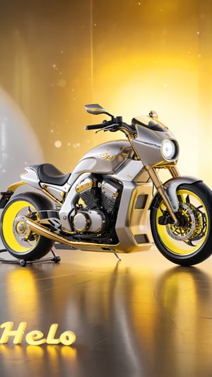 A futuristic and stunning creation of a 3D custom motorcycle, highlighted by gold accents and a blazing neon yellow glow. The motorcycle features a sleek and sophisticated look, inspired by the Genesis, and adorns a shiny silver background that highlights its unique appearance. The name "Hello" is inscribed in large cursive letters, with a refined and elegant effect thanks to the intense gold outline. The "By Design Digital" stamp in soft golden tones is a recognition of the talent and skill of the digital artist in this masterpiece.lighting bokeh background.