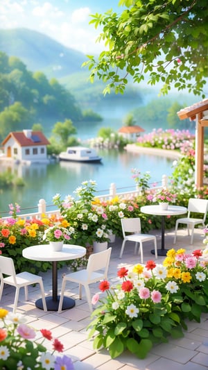 Flowers bloom bokeh background, Morning fresh and beautiful lakeside scene style, white and colorful outdoor coffee shop style, flowers vines on the roof , farealistic high quality landscape, flowers trees bloom and lights soft sweet beautiful bokeh background, music and romantic scene, every small tables have table runner and full flowers vase.