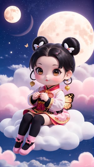 1girl, solo, black hair, hair ornament, brown eyes, sitting on the clouds, sky, socks, cloud, hair bun, Pink and white, chibi, black eyes, double bun, night, chinese clothes, moon, bug, butterfly, night sky, full moon