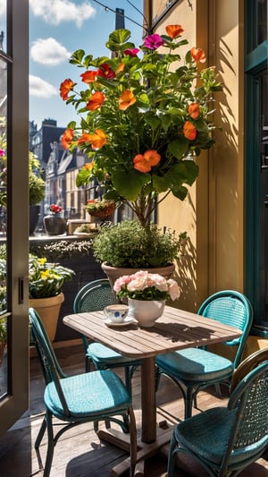 flower, outdoors, day, indoors, tree, cup, no humans, window, chair, table, plant, scenery, teacup, potted plant, cafe