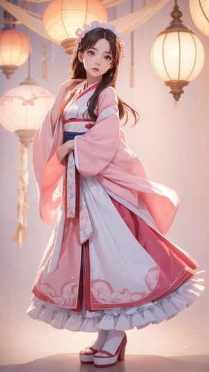 Pixar anime movie scene style, realistic high quality portrait photography, a beautiful charming eyes and perfect face girl wearing pink and white ruffles hanfu, lamps lighting soft, full body, depth of field.