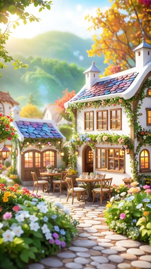 Flowers bloom bokeh background, Morning fresh and beautiful Hobbit's fantastic village scene style, white and colorful outdoor coffee shop style, flowers vines on roof , farealistic high quality landscape, flowers trees bloom and lights soft sweet beautiful bokeh background, music and romantic scene, every small tables have table runner and full flowers small vase. Depth of field.
