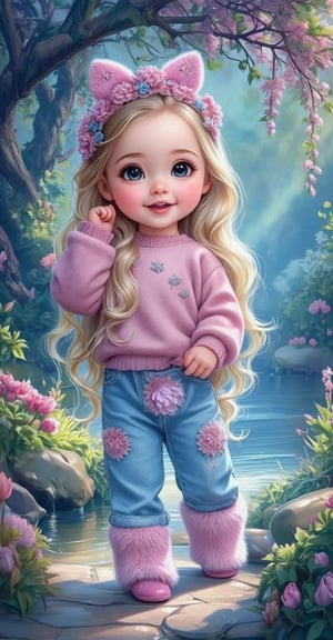 Beautiful eyes so charming and adorable young girl with big eyes, wearing cute and fur socks, pink sweater, blue pants, blonde hair, perfect face, smiling and enjoying the best time, laughing and happiness, headband decorated with flowers, standing under the tree by stream in garden, fantasy background, colorful background, oil painting style, fantasy art, detailed details, colorful colors, bright light, colorful light effects, colorful lights, fantasy realism, full body portrait, fluorescent color scheme, oil watercolor splashing technique, cool and light blue vivid colors tone.