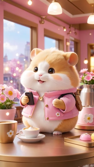 Side view shot, Pixar anime movie scene style, realistic high quality, flowers bloom scene,render style, Café, a cute beautiful eyes so charming little fuzzy golden white fat hamster, wearing pink jacket standing on the caffee shop desk holding a cellphone to talking, smile and enjoy the coffee perfume so happiness flowers bloom and lighting bokeh background, depth of field