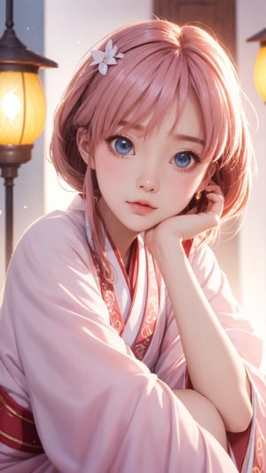 Pixar anime movie scene style, realistic high quality portrait photography, a beautiful charming eyes and perfect face girl wearing pink and white ruffles hanfu, lamps lighting soft, full body, depth of field.