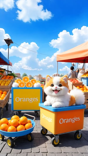 Blue sky beautiful clouds, photography, street  market scenery , a cute fluffy little fuzzy pet stand next to a cart, smiling and enjoying,sell oranges