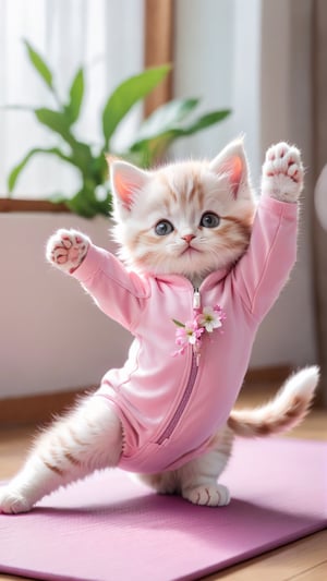 Flowers blooming, an adorable kitten wearing pink yoga suits in yoga pose and another yoga pose,doing a yoga on yoga mat,photo real,classic composition,masterpiece,exquisite,color correction,amazing visual effects,crazy details,Hold your hands on the ground and do a handstand,intricate details,sharp focus,HD, yoga pose, flowers blooming fantastic amazing and bokeh background, depth of field 