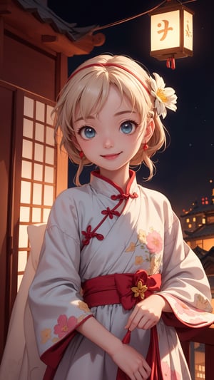 Pixar anime movie scene style, perfect face, Chinese house style, in the night, A beautiful and cute little girl with beautiful eyes is standing on the railing. six years old cute little girl holding lantern on the balcony, in the style of charming anime characters, 32k uhd, Pixar movie scene style, realistic high quality portrait photography, timeless beauty, The lantern lamp behind her are emitting soft light. She is beautiful and dreamy. smile and so happy, flowers blooming and lighting bokeh as background. 