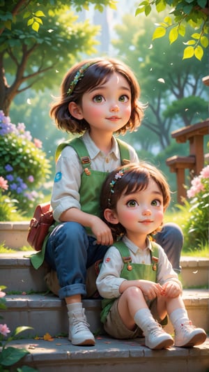 Pixar movie scene style, dreamy fantasy, hyper-realistic, stunning portrait, 1boy, 1girl, two cute children, on the steps in the park, they are friends, sitting on the steps chatting together, happy and happy cute, dreamy , sunshine, blooming flowers and light background blur, dreamy and warm. sunlight, intricate details, 12k, front, cover, unzoom, ultra detailed painting, glow, bar lighting, intricate, 4k resolution concept art portrait by Greg Rutkowski, Artgerm, WLOP, Alphonse Mucha, small fusion pojatti reality, fractal Isometric detail bioluminescence, a stunning realistic photo, wide angle, red, green, white colors