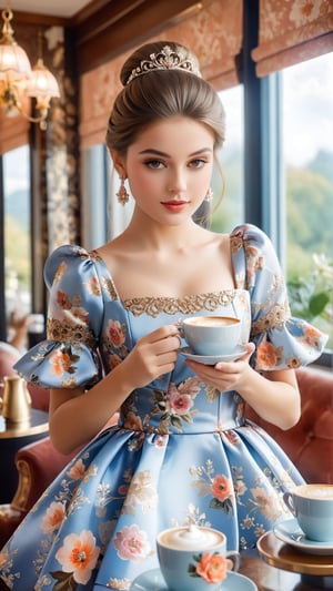 A stunning portrait photograph of a young princess enjoying her morning coffee. The princess is dressed in a chic and elegant outfit, with a beautiful floral pattern on the dress. She holds a steaming cup of coffee with her left hand, and in her right hand, she has a smartphone, possibly to capture the perfect #OOTD moment. The background is tastefully blurred, highlighting the princess and her morning ritual., portrait photography, fashion, photo