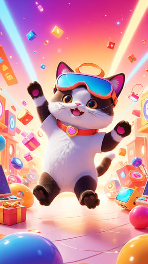 A whimsical and charming illustration of a dancing cat, showcasing its grace and merriment in every movement. The cat is adorned with a VR headset, and the background features vibrant colors, flashy lights, and bold symbols that evoke a sense of humor and celebration. The atmosphere is warm, cozy, and nostalgic, with a blend of classic and modern elements that pay homage to the simple joys of life and the captivating world of gaming., photo, 3d render, poster, cinematic, illustration, typography, fashion