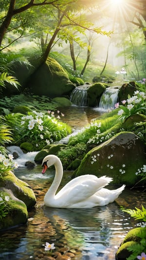 A small natural rock waterfall, tumbling into a brook that winds it's way into the forest.a beautiful adorable Swan in water, photo, cinematic, wildlife photography
A stunning cinematic wildlife photograph capturing a pristine natural scene. A small, picturesque rock waterfall cascades into a winding brook that meanders gracefully through the dense forest. The crystal-clear water shimmers under the soft sunlight, and the lush greenery creates a serene atmosphere. A beautiful, adorable swan glides gracefully across the water, its elegant neck curved in a swan dive, while the surrounding flora and fauna are in perfect harmony., wild flowers bloom and so colourful and beautiful, cinematic, photo, wildlife photography