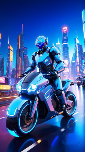 A photograph of a futuristic robot, sleek metallic body with glowing blue accents, riding a high-tech motorcycle, near the center of a bustling city at night. The cityscape includes towering skyscrapers with neon signs. The bright city lights create dynamic reflections on the robot and bike. Created Using: HDR camera, cyberpunk art movement, neon lighting, wide-angle lens, glossy finish, digital painting techniques, dramatic shadows, lens flares, hd quality, natural look