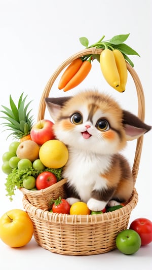 A cute fluffy big eyes so charming and adorable little fuzzy pet, Carrying a basket full of fruits and vegetables and enjoying, white background.