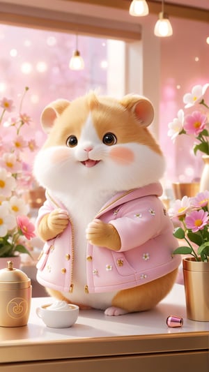 Side view shot, Pixar anime movie scene style, realistic high quality, flowers bloom scene,render style, Café, a cute beautiful eyes so charming little fuzzy golden white fat hamster, wearing light pink jacket standing on the caffee shop desk holding a perfume coffee, smile and enjoy the coffee perfume so happiness flowers bloom and lighting bokeh background, depth of field