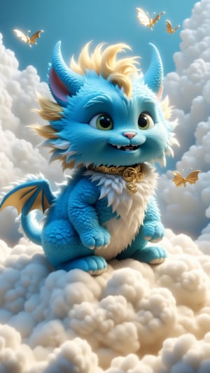 Pixar anime movie scene style, the cute fluffy little fuzzy blue dragon is sitting in clouds, in the style of mischievous feline motif, 8k 3d, unique yokai illustrations, white and gold, chromatic joy, furry art, fantastic grotesque,Xxmix_Catecat