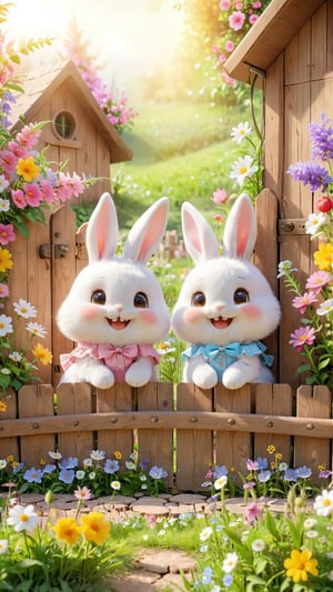 Two cute fluffy little fuzzy rabbits katching the fence wooden door, smile and happy, flowers blooming fantastic, wild flowers bloom around the fence and garden, beautiful and fantastic and dreamy, dreamy romantic scene style, depth of field.