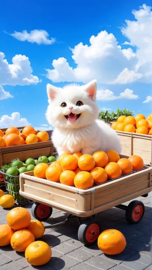 Blue sky beautiful clouds, photography, street  market scenery , a cute fluffy little fuzzy pet stand next to a cart, smiling and enjoying,sell oranges