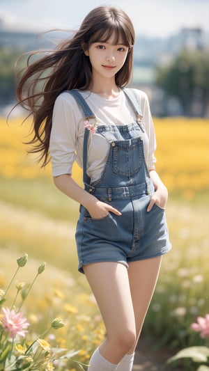 background is flower field,grass field,horizon,wind blowing,petals blowing,16 yo, 1 girl, beautiful girl,smile,
wearing denim overalls skirt,long socks,standing on flower field,holding buquet, cowboy shot,very_long_hair, hair past hip, bangs, curly hair, realhands, masterpiece, Best Quality, 16k, photorealistic, ultra-detailed, finely detailed, high resolution, perfect dynamic composition, beautiful detailed eyes, ((nervous and embarrassed)), sharp-focus, full body shot,pink flower,flower