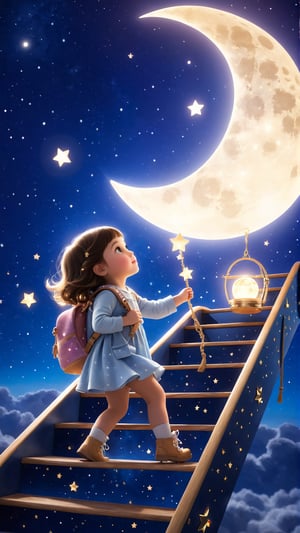 una niña de perfil subiendo una escalera de madera con una mochila llena de estrellas brillando, intenta atrapar la luna con sus manos, la luna ilumina su rostro, fondo del espacio, estilo cinematográfico realista