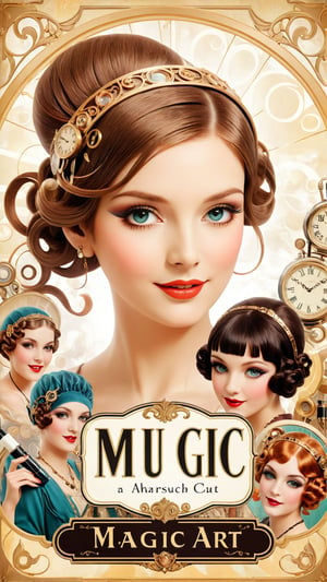 A detailed whimsical background in the 1920s, with young, cheerful women with the typical different hairstyles of that time, testing cosmetic products, with the focus on the quality of the products and the skill in applying make-up. With a touch of Mucha and steam punk.
At the bottom right is the text in thin font: “Magic-Art”., photo, typography, conceptual art, 3d render