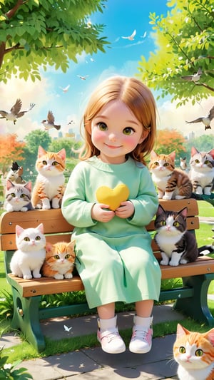 A charming illustration of a cute adorable little girl sitting on a park bench, surrounded by her adorable feline companions. Each cat has a unique color and marking, and they're all cuddling up to their owner, who is smiling lovingly at them. The background is a lush green park with a sunny sky and a few birds flying overhead. The overall atmosphere of the image is warm, cozy, and full of love.