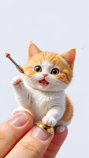 In macro photography, on a thick finger, there is a pocket-sized version of a very small cat holding the tip of the finger, exuding immense cuteness and surrealism. The background is a stark white, with the composition following the golden ratio, creating a visually appealing and harmonious image.