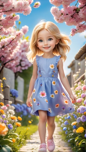 In spring, flowers are in bloom. A beautiful and cute little girl with blond hair is walking in a garden full of flowers. She is holding a super cute kitten on the flower path, smiling happily. The cat's eyes are big, bright and charming. Cute, petals flying in the air.