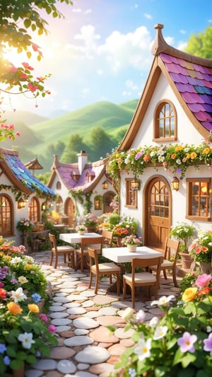 Flowers bloom bokeh background, Morning fresh and beautiful Hobbit's fantastic village scene style, white and colorful outdoor coffee shop style, flowers vines on roof , farealistic high quality landscape, flowers trees bloom and lights soft sweet beautiful bokeh background, music and romantic scene, every small tables have table runner and full fl