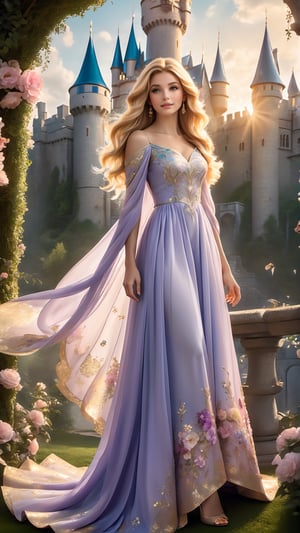 A captivating cinematic portrait of a young woman gracefully embodying a whimsical princess. Her cascading blonde hair frames her face as she playfully gazes at the viewer. She dons a stunning pastel dress adorned with delicate floral patterns and a fluttering train. The background reveals a majestic castle with towering spires, bathed in warm, golden light. The castle is encircled by a lush, enchanting forest, where sunlight dapples through the canopy, creating a dreamy atmosphere. The overall scene is transportive, immersing the viewer in a world of magic and wonder., architecture, photo, cinematic, fashion, product